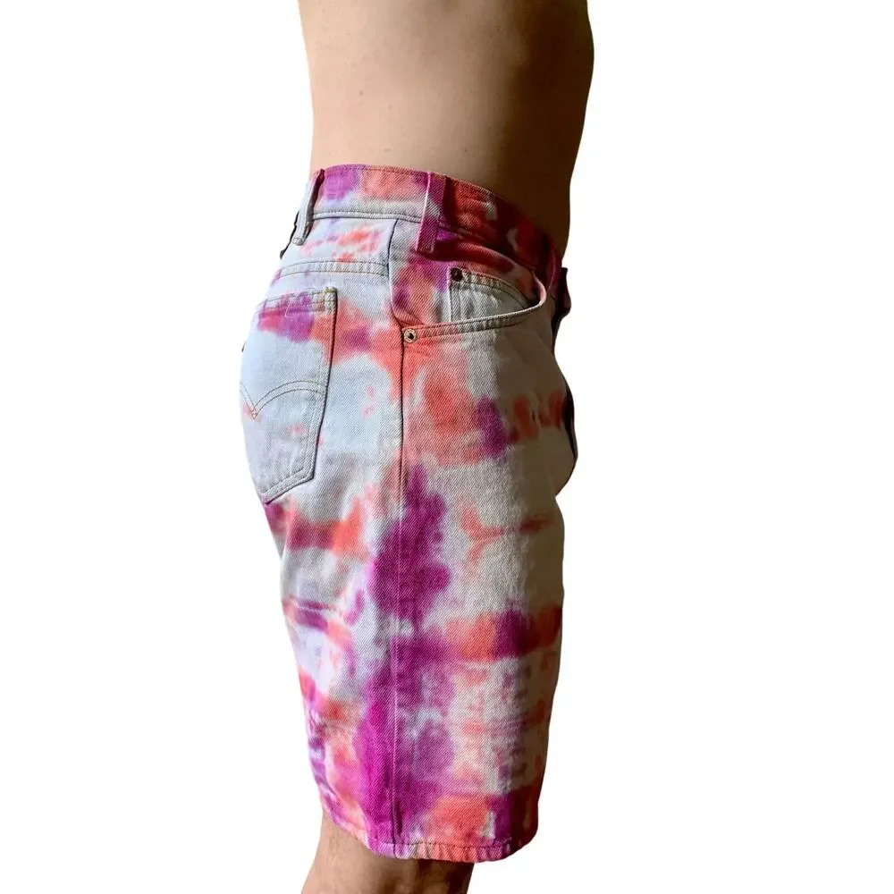 Vintage 90s Levis Yellow Tab Reworked Denim Shorts Pink Orange Tie Dye 32